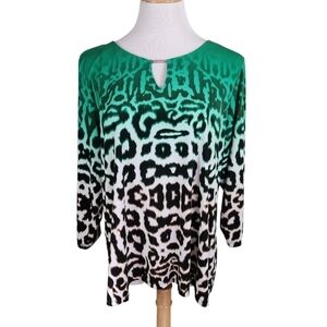 CALVIN KLEIN White and Green Ombre Leopard Print Women's Top Blouse